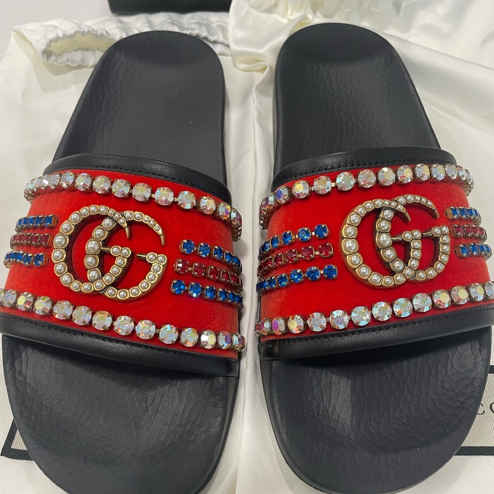 Gucci Red Sandals with Crystal Embellishments